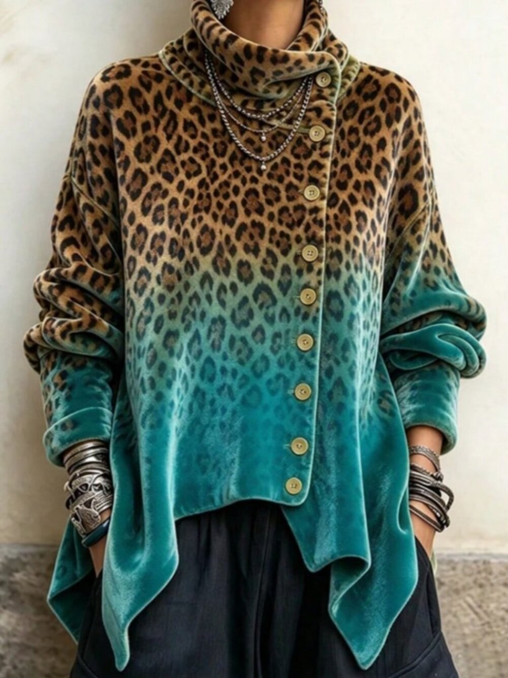 Blue Women's Preppy Leopard Print High Neck Velvet Loose Blouse